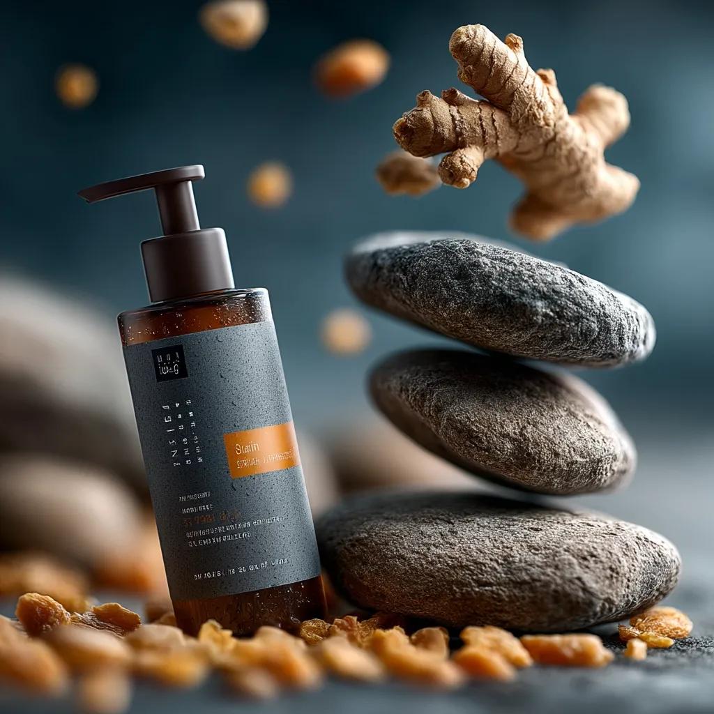 A dark amber bottle of Staim body lotion sits amidst dried apricots and balanced grey stones.  Ginger root floats in the air. The minimalist design of the bottle emphasizes natural ingredients. The scene evokes a spa-like atmosphere, highlighting the product's calming and natural qualities.  The overall image is moody and sophisticated.