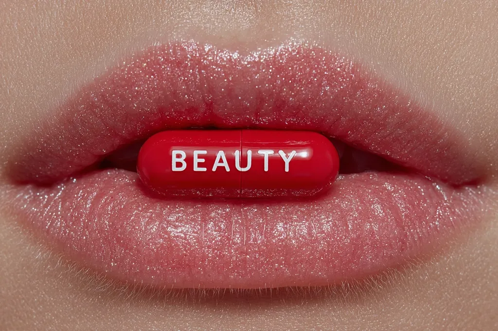 Close-up of a person's lips with a red pill held between them. The pill is labeled "BEAUTY" in white capital letters.  The lips are full and glossy, with a subtle shimmer. The image suggests a commentary on the pursuit of beauty and the potential artificiality of achieving it.