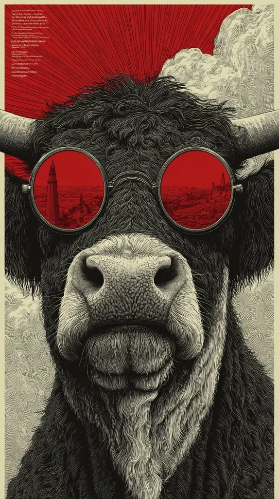 A detailed, stylized illustration of a Highland cow's face dominates the image.  The cow wears large, round, red sunglasses reflecting a cityscape, creating a striking contrast between the animal's rustic texture and the modern accessory. A red sunburst background and subtle cloud details enhance the artistic composition. The image is rendered with meticulous linework, suggesting a print or poster design.