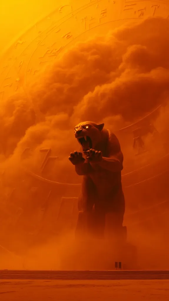 A colossal, snarling feline statue looms against a backdrop of an immense, orange-hued dust storm.  Ancient, circular carvings are partially obscured by the swirling sand. The scene is desolate and ominous, with a sense of vastness and impending threat.  Two tiny figures are barely visible in the foreground, emphasizing the creature's immense scale. The overall tone is one of apocalyptic mystery.