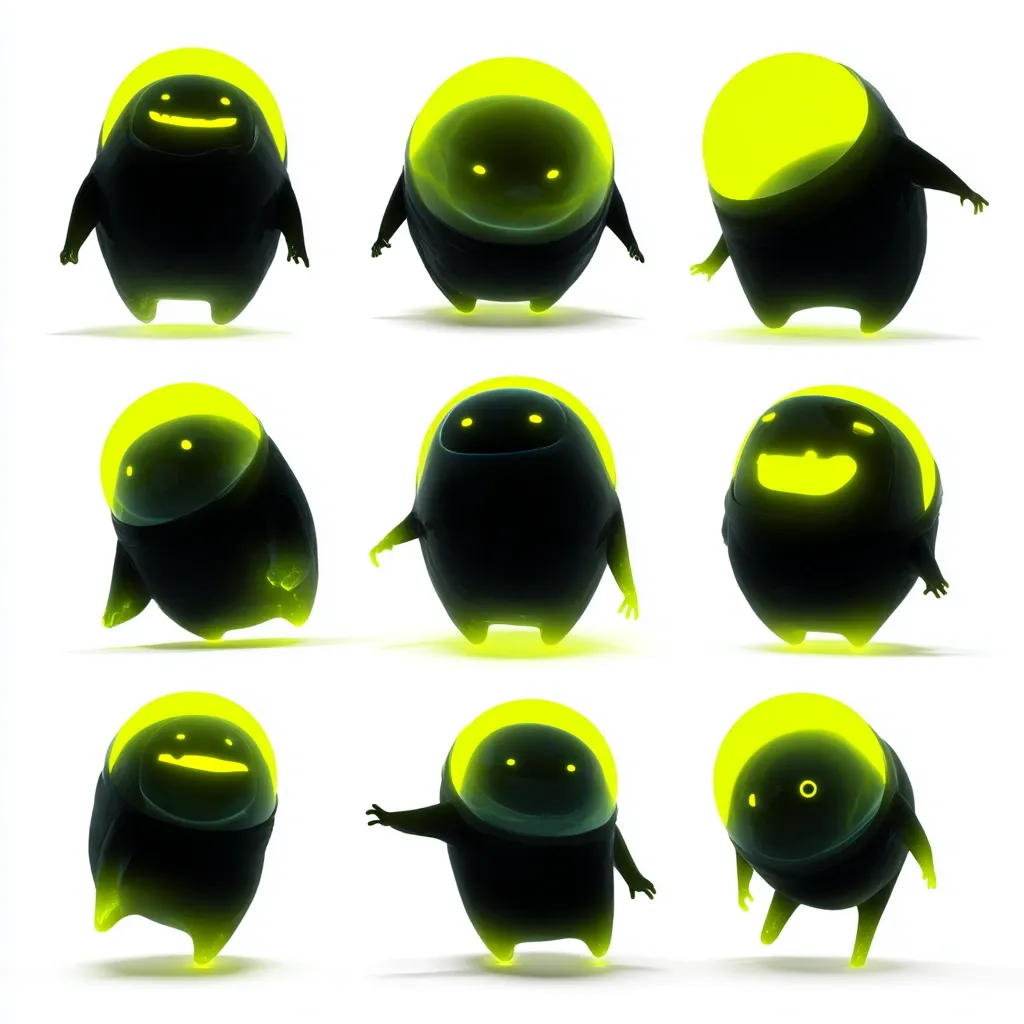 Nine adorable, cartoonish creatures, each in a dark-colored, rounded body with a glowing yellow helmet, are displayed against a white background.  They exhibit varying postures and facial expressions, conveying a range of playful emotions. The characters' design is simple yet expressive, with a focus on their bright helmets and contrasting dark bodies.  They appear to be 3D rendered.