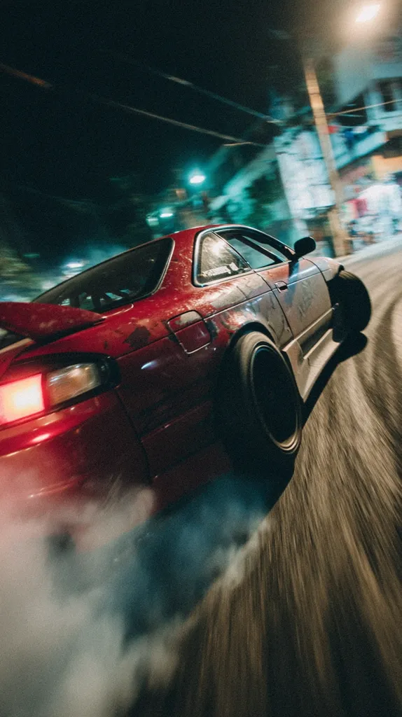A vibrant red Nissan 240SX drifts through a city street at night, leaving a trail of tire smoke. The car's motion is blurred, suggesting high speed and dynamic movement.  The background is dark, illuminated only by streetlights and the car's taillights, creating a dramatic and atmospheric scene.  The image captures the excitement and energy of nighttime street racing or drifting.
