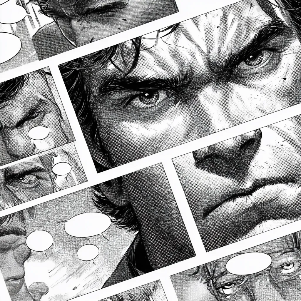 A close-up shot of a comic book page features a series of panels, primarily focusing on intense close-ups of a man's face.  His expression ranges from anger and determination to weariness, shown through detailed shading and linework.  The grayscale palette enhances the dramatic mood, and blank speech bubbles suggest an ongoing narrative.  The panels overlap, creating a dynamic and fragmented visual effect.