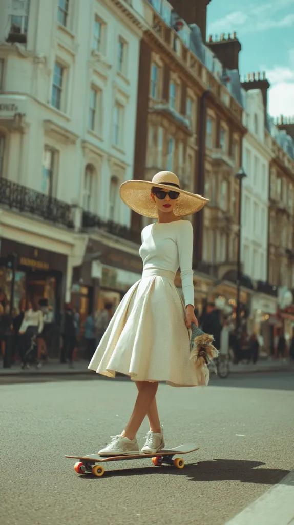 A stylish woman in a cream-colored midi skirt and long-sleeved top, paired with a wide-brimmed straw hat and sunglasses, casually rides a skateboard down a city street.  The background features elegant, classic London architecture.  The scene is bathed in warm, sunny light, creating a retro-chic aesthetic.  She carries a small, fluffy clutch.