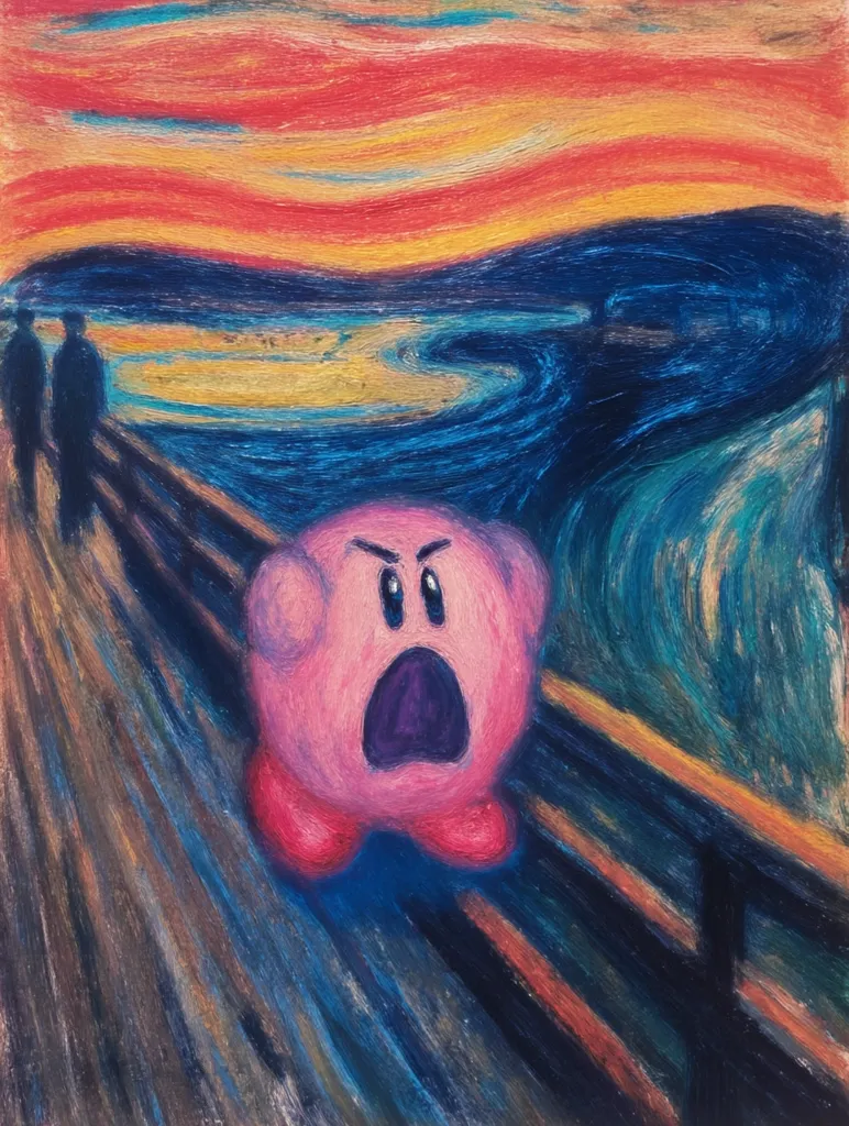 A pastel drawing reimagines Edvard Munch's "The Scream," replacing the central figure with Kirby, the pink video game character.  Kirby's wide-eyed, open-mouthed expression mirrors the original's anguish. The swirling sky and wavy landscape are retained, creating a striking juxtaposition of a familiar character within an iconic expressionist piece.  The overall effect is both humorous and unsettling.