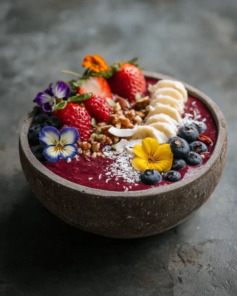 A vibrant smoothie bowl bursts with color.  A deep purple base is topped with fresh strawberries, blueberries, banana slices, chopped walnuts, shredded coconut, and edible flowers.  The bowl itself is dark grey stone, providing a rustic contrast to the bright, healthy ingredients.  The overall presentation is aesthetically pleasing and suggests a delicious and nutritious meal or snack.