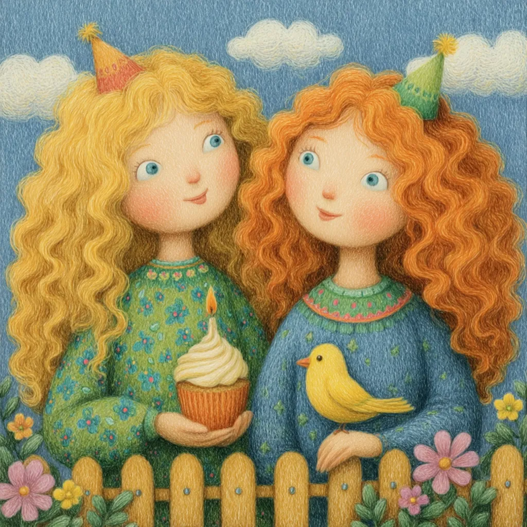 Two girls with long, curly hair, one blonde and one redhead, stand side-by-side wearing festive sweaters and party hats.  They hold a birthday cupcake with a lit candle and a small yellow bird between them, smiling sweetly.  They are positioned in front of a small wooden fence with flowers blooming around them, creating a cheerful birthday scene. The artistic style is reminiscent of colored pencil or pastel.