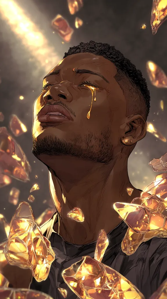 A stylized portrait of a young Black man with short hair, his head tilted back, tears of golden liquid streaming down his face.  He is surrounded by fragments of shimmering, amber-colored crystals, seemingly floating in the air.  The overall mood is one of sorrow and ethereal beauty, the golden tears contrasting with his somber expression.  The lighting is dramatic, emphasizing the man's features and the glittering shards.
