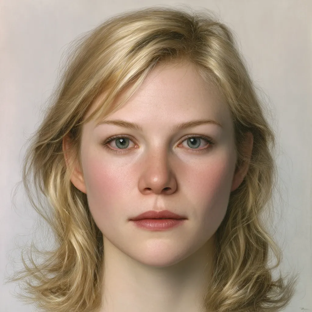 A close-up portrait of a young woman with shoulder-length blonde hair. Her expression is serene and neutral, her gaze directed straight ahead.  The lighting is soft and even, highlighting her delicate features, including clear skin and light green eyes. The overall style is realistic and detailed, resembling classical portraiture.