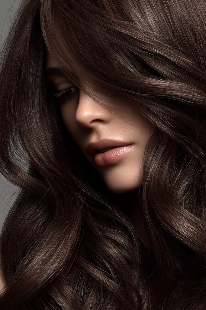 A close-up shot showcases a woman's luxurious, long, dark brown hair cascading over her face.  The hair is styled in loose waves, with strands partially obscuring her eyes and highlighting her soft, natural makeup.  Her lips are a muted, nude shade. The overall image emphasizes the richness and texture of the hair.
