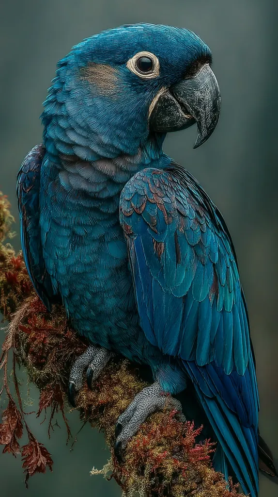A vibrant Hyacinth Macaw, predominantly blue, is perched on a moss-covered branch.  Its feathers display a rich, deep blue hue with subtle variations in shading.  The bird's dark beak and intelligent eyes are sharply in focus against the blurred, muted green background.  The detailed texture of its plumage and the branch create a captivating image.