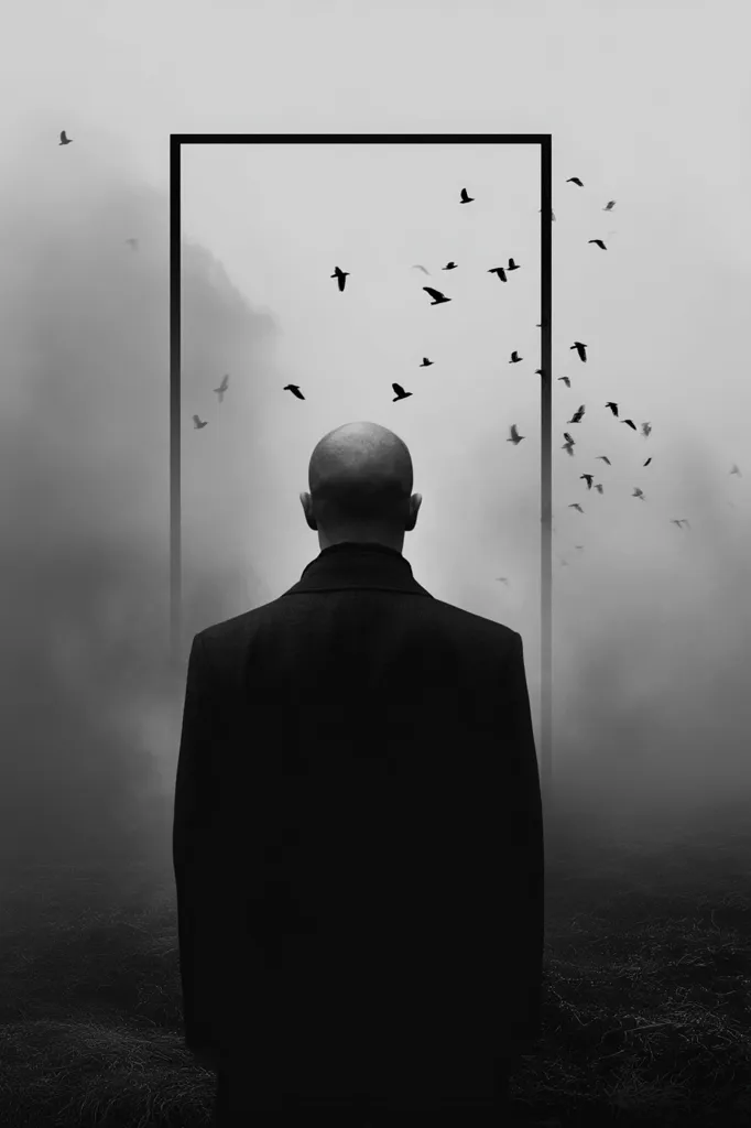 A solitary figure, bald and clad in a dark coat, stands with their back to the viewer.  A rectangular frame appears to enclose a misty landscape filled with a flock of birds in flight.  The monochromatic image evokes a feeling of isolation and contemplation, the man seemingly observing the birds and the ethereal scene before him. The overall mood is somber and introspective.