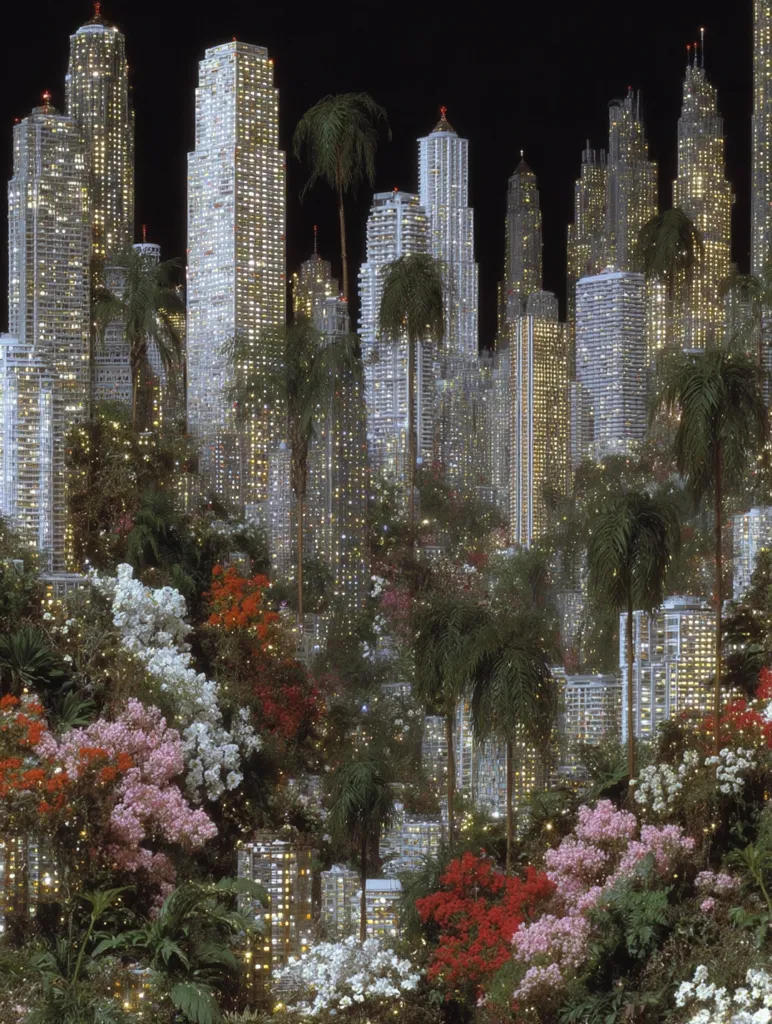 A nighttime cityscape is nestled within a lush, vibrant garden.  Tall, glittering skyscrapers rise above a dense undergrowth of flowering bushes and palm trees. The scene is surreal and dreamlike, blending the urban and natural worlds in a harmonious yet fantastical composition.  The warm lights of the city contrast beautifully with the cool tones of the foliage.