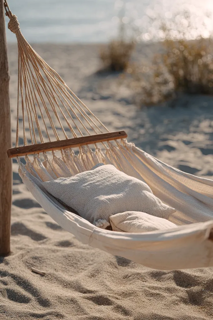 A beige hammock hangs between wooden posts on a sandy beach. Two off-white cushions rest inside the hammock, suggesting a peaceful and relaxing beachside scene. The background is softly blurred, showcasing a tranquil ocean and beach grass.  The overall ambiance is serene and inviting.