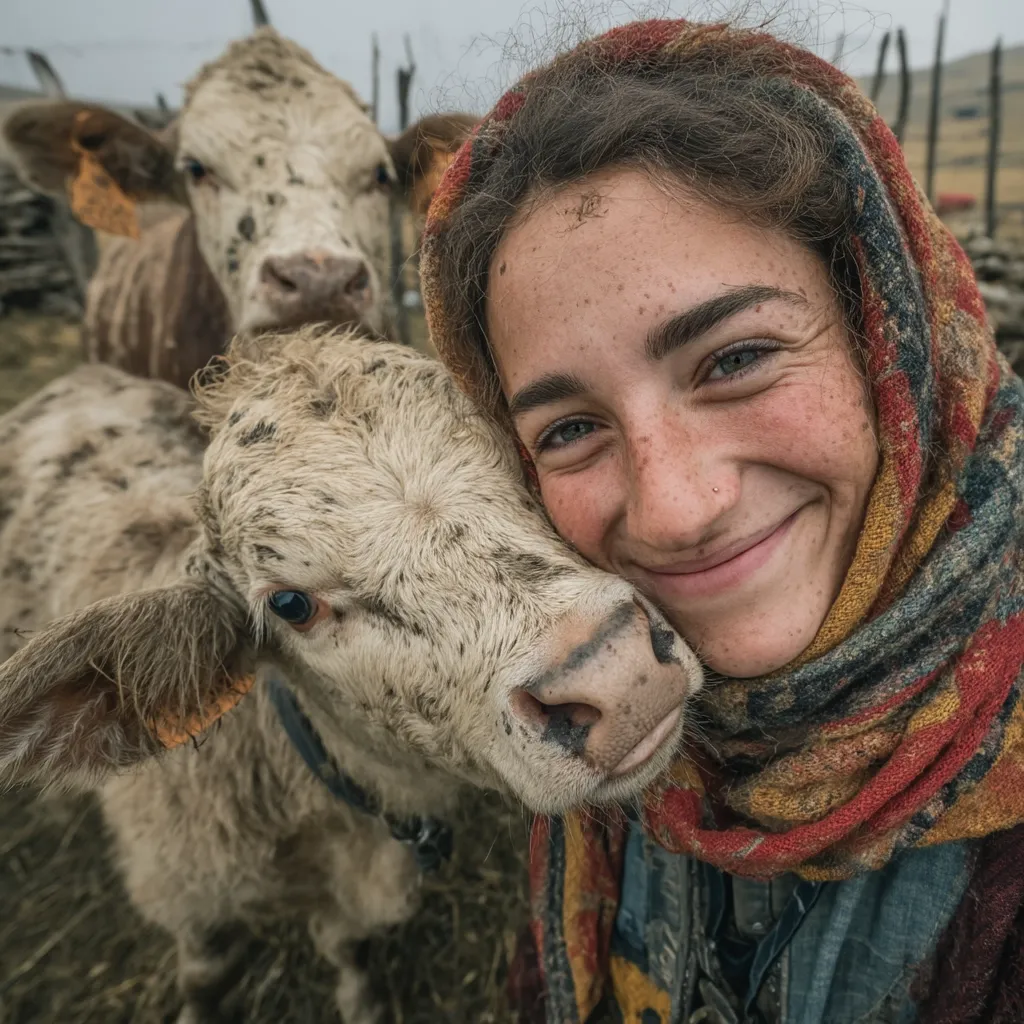A young woman with freckles, wearing a colorful scarf, smiles warmly as a calf nuzzles her cheek.  Another cow stands in the background. The setting appears to be a rural farm or pasture.  The image evokes a sense of connection between humans and animals, showcasing a peaceful moment in a natural environment.