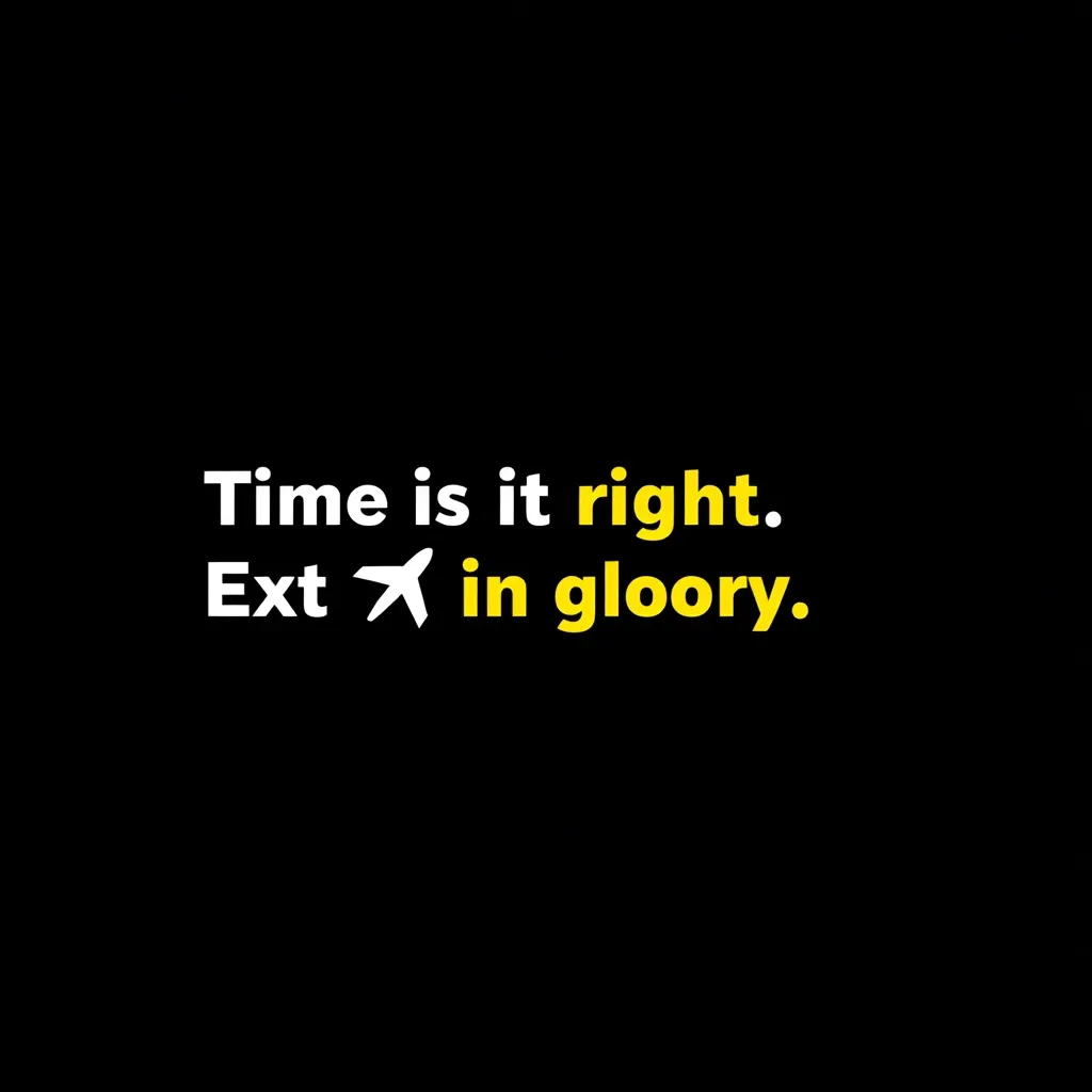 The image displays a minimalist design on a black background.  White text reads "Time is it right. Ext" followed by a small white airplane icon and yellow text "in gloory."  The phrase is likely a cryptic or stylized statement possibly related to travel or seizing opportunities.  The overall effect is bold and impactful.