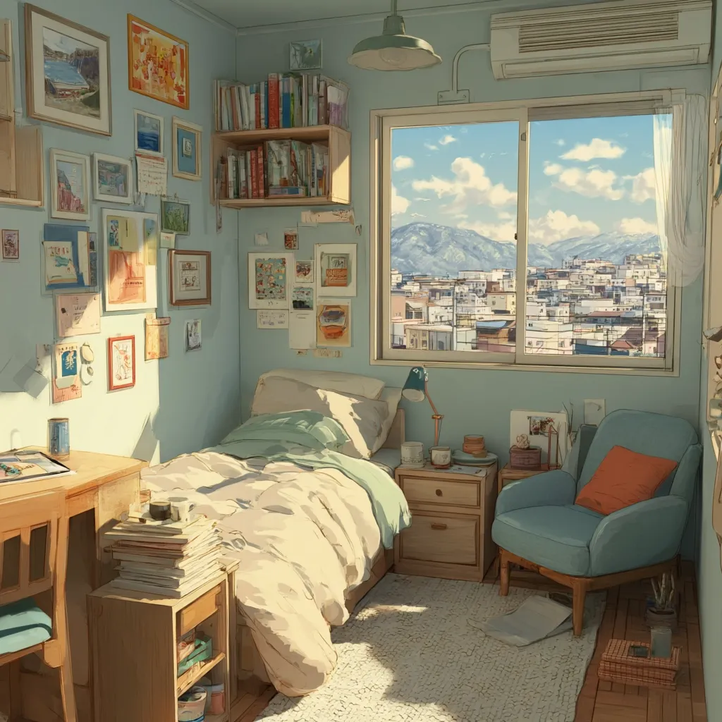 A sunlit bedroom features a single bed with a cream comforter, a wooden desk, and a comfy armchair.  The walls are adorned with numerous framed pictures and postcards, creating a cozy, personalized atmosphere. A bookshelf holds books and magazines.  A large window offers a stunning view of a city nestled in a mountainous landscape. The overall style is minimalist and warm, inviting a feeling of calm and relaxation.