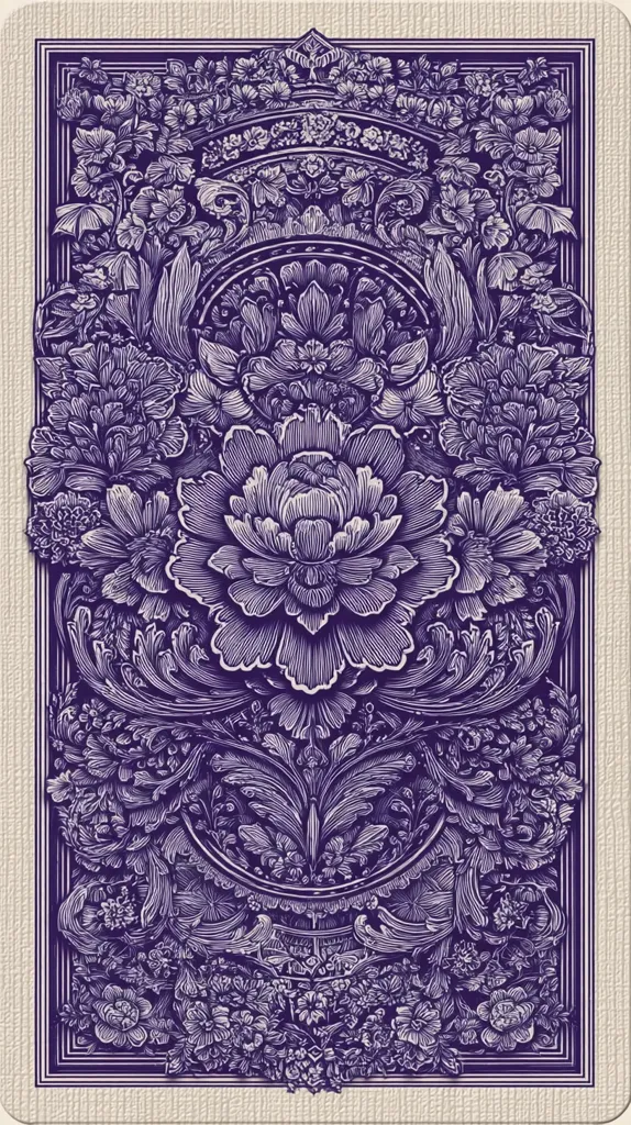 A purple and cream-colored design features an intricate, symmetrical floral pattern.  A large central peony is surrounded by smaller flowers and ornate, swirling foliage. The style is reminiscent of vintage botanical illustrations or Art Nouveau, with highly detailed linework creating a sense of depth and texture. The overall effect is elegant and sophisticated.