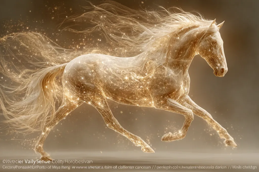 A majestic white horse, rendered in ethereal golden light, gallops gracefully. Its flowing mane and tail shimmer with stardust, creating a captivating, almost celestial image. The horse's form is subtly outlined with glowing lines, suggesting a connection to energy or constellations. The overall effect is dreamlike and magical.