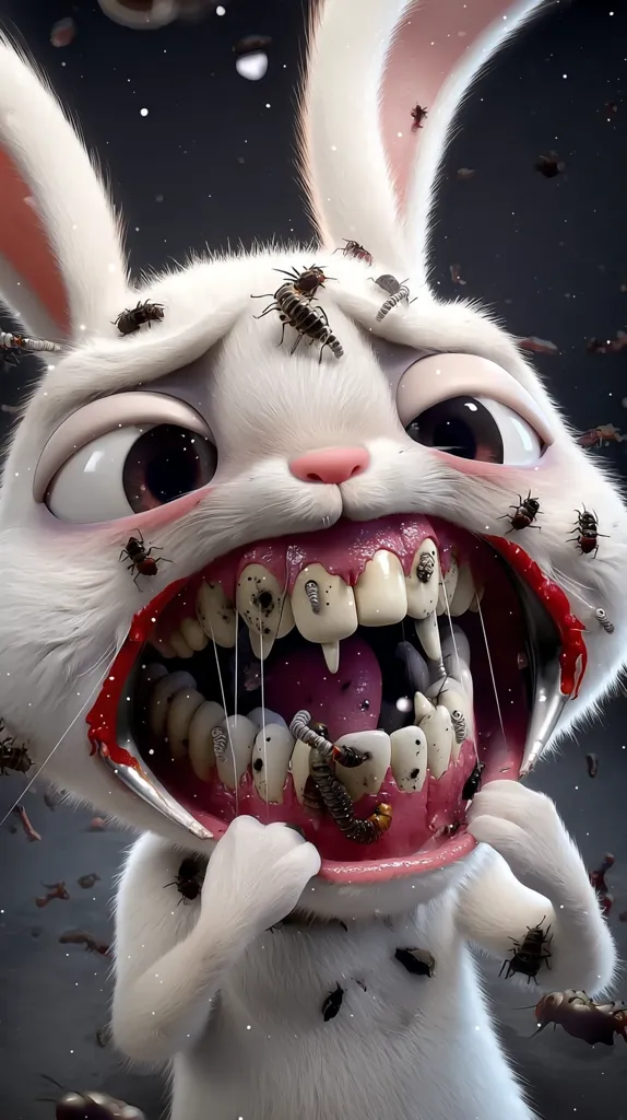 A stylized white rabbit, possibly a cartoon character, is depicted with its mouth grotesquely open, revealing teeth infested with insects and worms.  Blood and decay are evident within its gaping maw.  Numerous insects crawl on its fur and surround it. The overall aesthetic is dark and unsettling, creating a surreal and disturbing image.