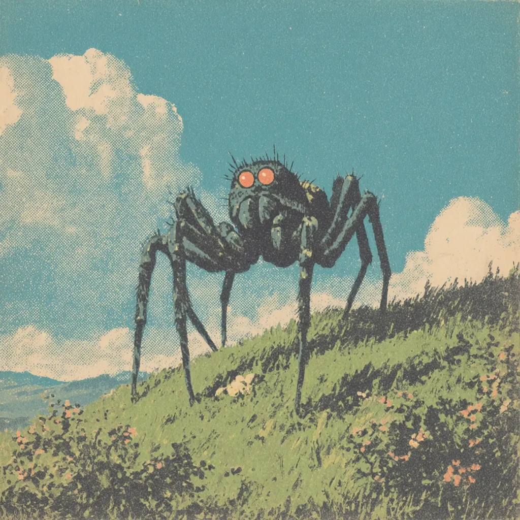 A large, dark-colored spider with bright orange eyes stands on a grassy hill against a backdrop of a light blue sky and fluffy white clouds.  The spider's legs are long and splayed, and it dominates the foreground. The style is reminiscent of vintage illustration or printmaking, with visible texture in the colors and lines.  Wildflowers dot the hillside.