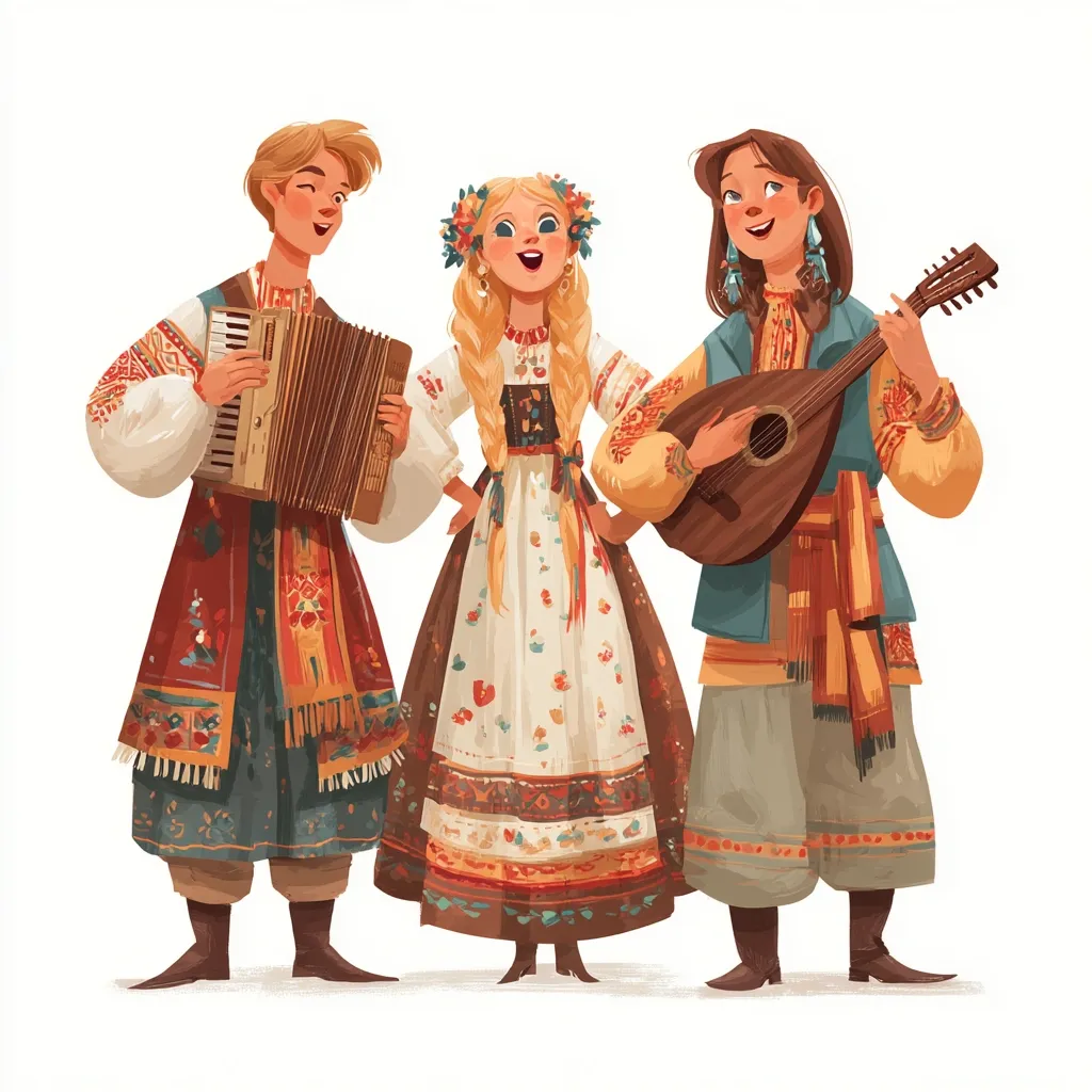 A charming illustration depicts three young individuals, dressed in vibrant traditional Ukrainian attire, creating a lively musical ensemble.  A boy plays an accordion, a girl in a long embroidered dress sings, and another girl strums a lute.  Their clothing is rich with detail, showcasing embroidered patterns and autumnal colors. The joyful scene evokes a sense of cultural pride and musical harmony.