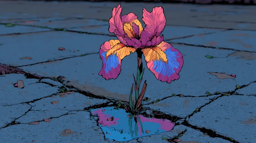 A vibrant, stylized iris blossoms from a crack in a weathered, blue pavement.  Its petals are a striking blend of purple, pink, yellow, and blue.  A small puddle reflects the flower's image, contrasting the flower's life against the harshness of its surroundings.  The overall style is digitally painted, with bold lines and a slightly surreal aesthetic.
