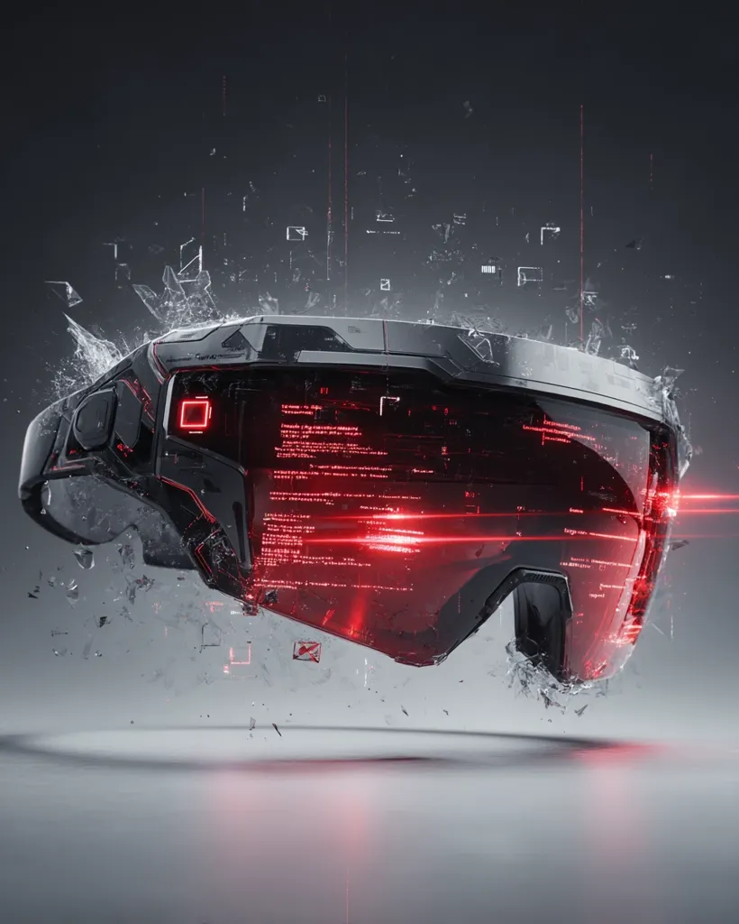 A futuristic, sleek, black visor-like headset floats amidst shattered fragments.  Red digital code streams across its transparent surface, accompanied by red laser lines.  The design is sharp and angular, suggesting advanced technology.  The overall aesthetic is dark, technologically advanced, and visually striking.  The image evokes a sense of science fiction and virtual reality.