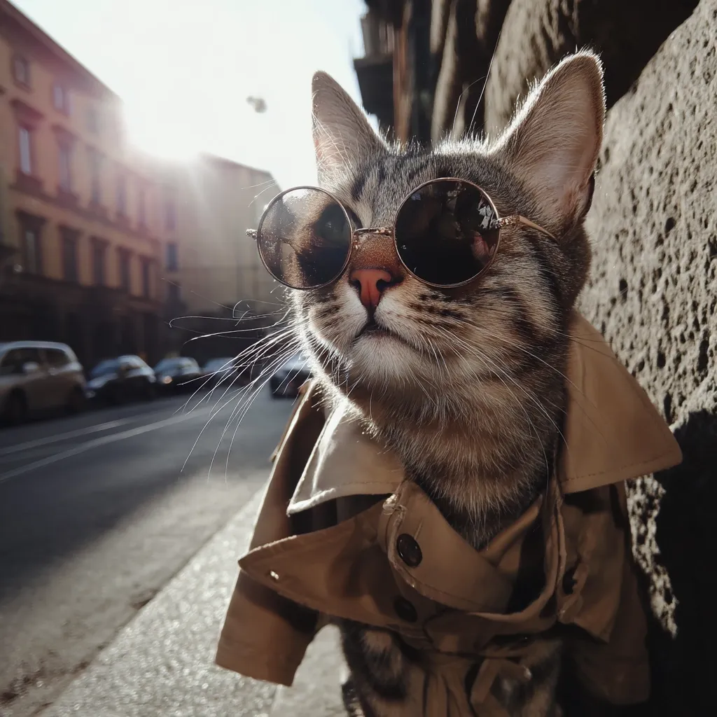 A stylish tabby cat, wearing round sunglasses and a tan trench coat, stands on a city sidewalk.  The sun shines brightly in the background, illuminating a blurred street scene of cars and buildings. The cat looks directly at the viewer, exuding a cool and confident demeanor.  The overall image is fashionable and playful.