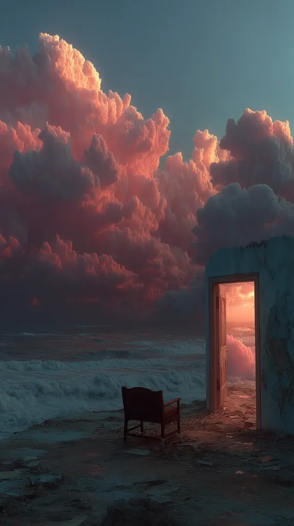 A solitary wooden chair sits before a doorway in a crumbling structure overlooking a turbulent ocean.  The sky blazes with vibrant pink and orange clouds at sunset. The open door reveals a breathtaking view, suggesting a passage to another realm or a dreamlike escape.  The scene evokes a sense of mystery, tranquility, and the allure of the unknown.