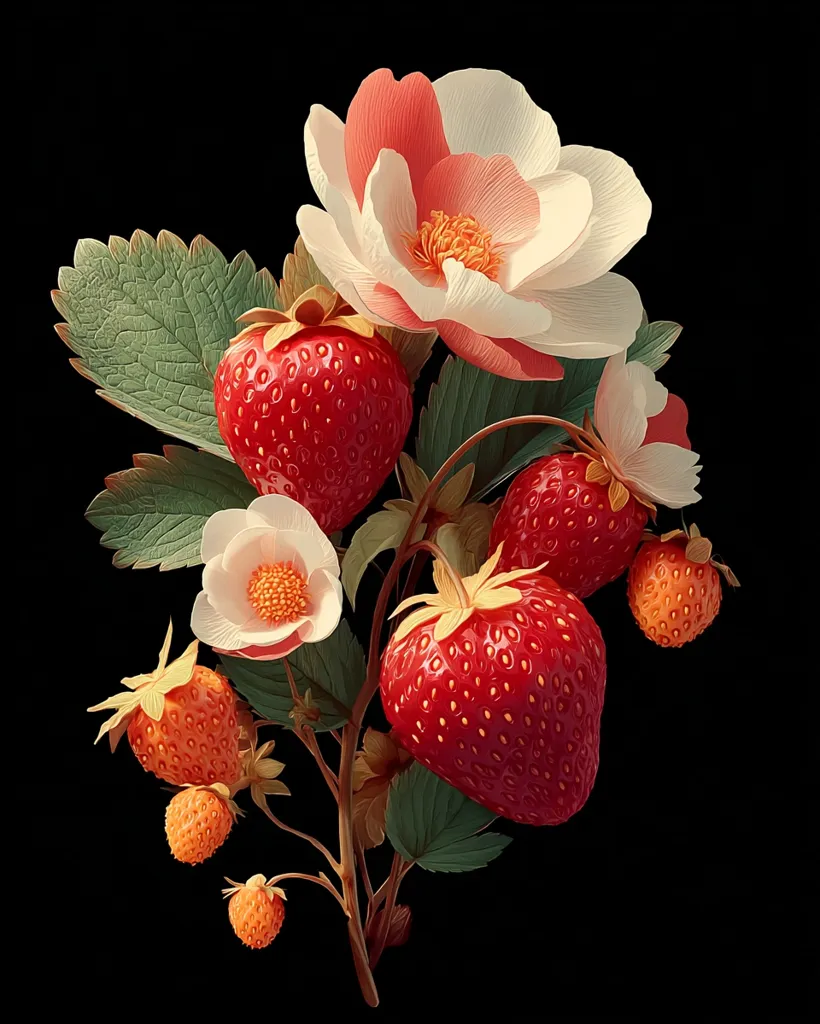A vibrant illustration showcases a strawberry plant against a stark black background.  Large, ripe strawberries are clustered amongst delicate, creamy-white and coral flowers.  Smaller, less ripe strawberries and blossoms are interspersed throughout the lush green foliage, creating a visually appealing composition of contrasting colors and textures. The detailed rendering emphasizes the natural beauty of the plant.