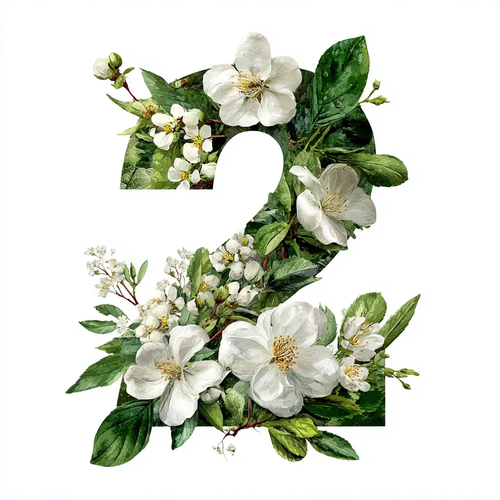 A watercolor illustration of the number two, intricately formed from lush green foliage and delicate white blossoms.  Large, prominent white flowers are interspersed with smaller, clustered white blooms and vibrant green leaves, creating a visually appealing floral numeral. The style is realistic, capturing the texture and detail of the flowers and leaves.