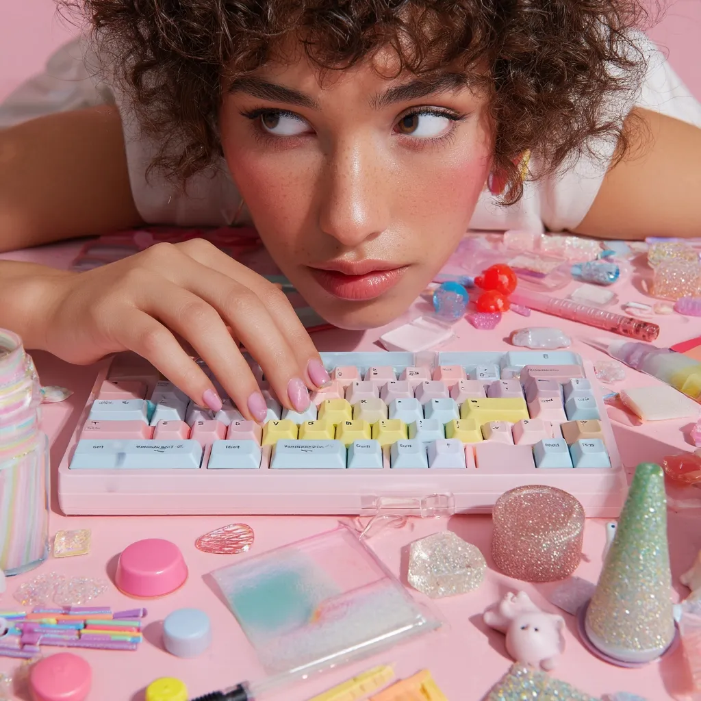 A young woman with curly brown hair leans over a pastel pink keyboard surrounded by an array of colorful, whimsical objects.  The keyboard features soft, rainbow-colored keys.  The scene is overwhelmingly pink and pastel, suggesting a playful, aesthetically pleasing environment.  The woman's hands hover over the keys, hinting at creative work or online interaction.  The overall impression is one of youthful energy and vibrant self-expression.