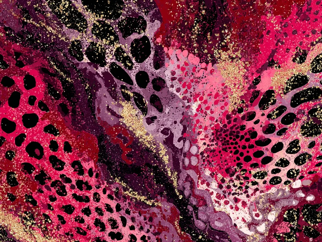 An abstract image showcasing a vibrant blend of deep reds, purples, and blacks, resembling a leopard print pattern.  The design incorporates a fluid, marble-like texture, accented with gold glitter, creating a luxurious and dynamic visual effect.  The colors are rich and intense, resulting in a bold and eye-catching composition.