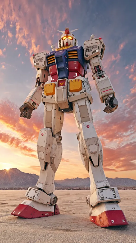 A colossal, weathered mecha stands in a desolate landscape under a vibrant sunset.  Its design is reminiscent of classic anime robots, displaying a worn but powerful aesthetic. The vastness of the desert emphasizes the mecha's immense size, creating a dramatic and awe-inspiring scene. The warm sunset hues contrast beautifully with the robot's predominantly white, red, and blue coloring.