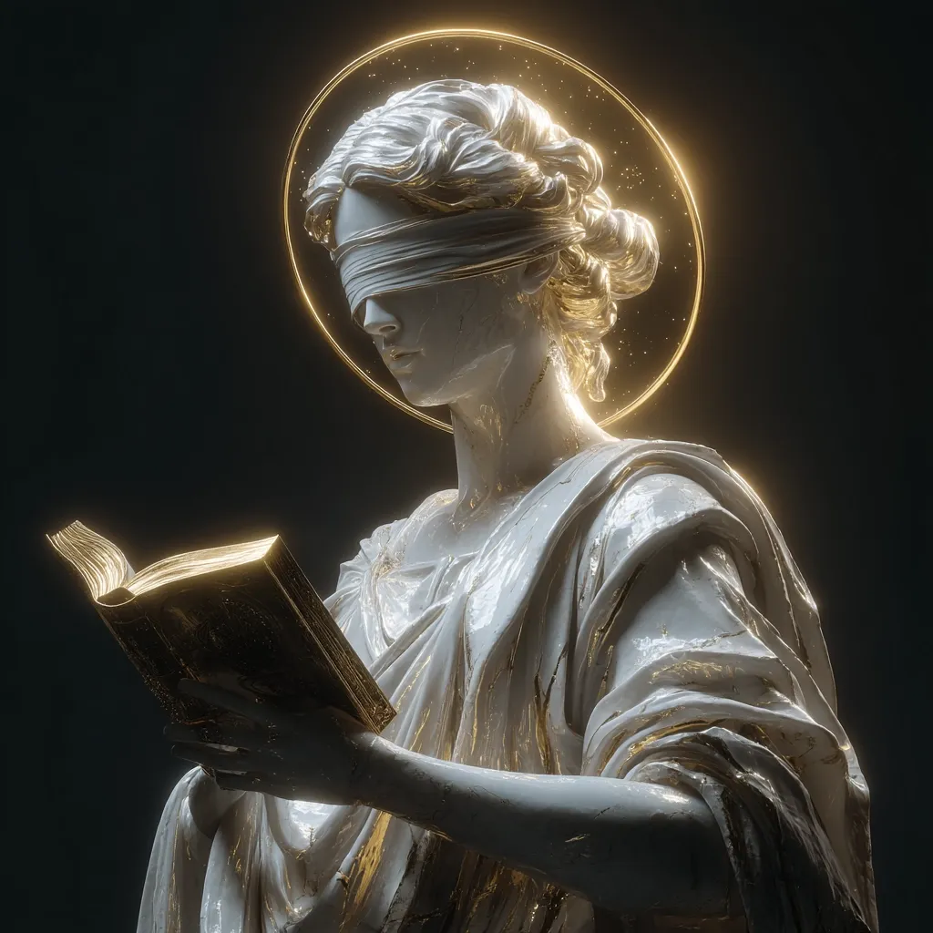 A digitally rendered statue of a blindfolded woman, possibly representing Justice or a similar concept, holds an open book.  The statue is sculpted in a classical style, with flowing robes and detailed hair.  A golden halo-like ring surrounds her head, adding to the ethereal and divine aesthetic.  The dark background emphasizes the statue's luminosity and intricate details.  The image blends classical art with modern digital techniques.