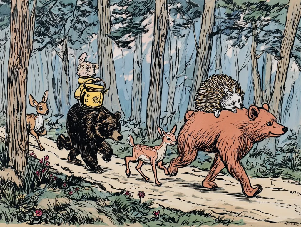 A whimsical illustration depicts a procession of woodland creatures on a forest path.  A black bear carries a rabbit holding a yellow kettle, followed by a deer.  A second bear, carrying a hedgehog, brings up the rear, also accompanied by another deer. The style is reminiscent of children's book illustrations, with a simple, charming aesthetic.  The scene is peaceful and evokes a sense of gentle adventure.