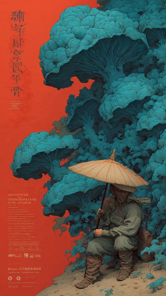 A lone figure, cloaked and carrying a staff and umbrella, sits beneath enormous, vibrant teal mushrooms against a red backdrop. The style is reminiscent of fantasy art with detailed text in both English and what appears to be Chinese, suggesting a film poster or book cover. The mushrooms dominate the scene, their surreal size and color creating a mystical atmosphere.  The overall mood is serene yet enigmatic.