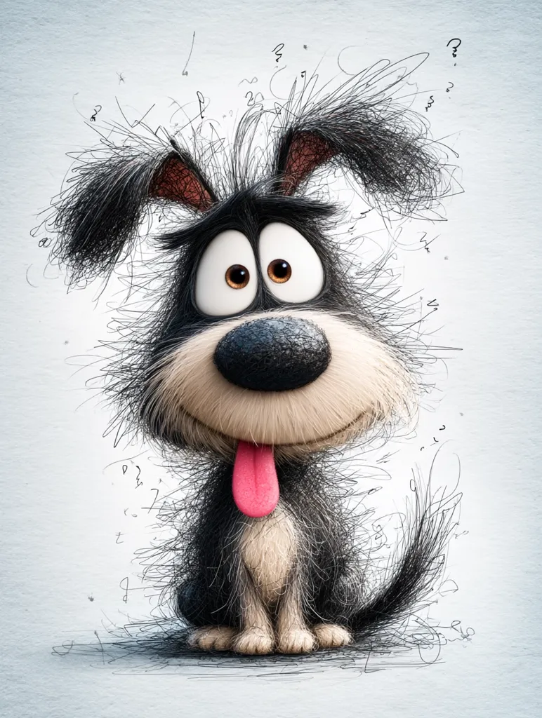 A cartoon dog with exaggerated features sits against a light gray background.  Its fur is depicted as a chaotic swirl of black lines, contrasting with its large, expressive eyes and pink tongue.  The style is whimsical and playful, with scribbled lines surrounding the dog, adding to its quirky charm.  The dog appears happy and friendly.