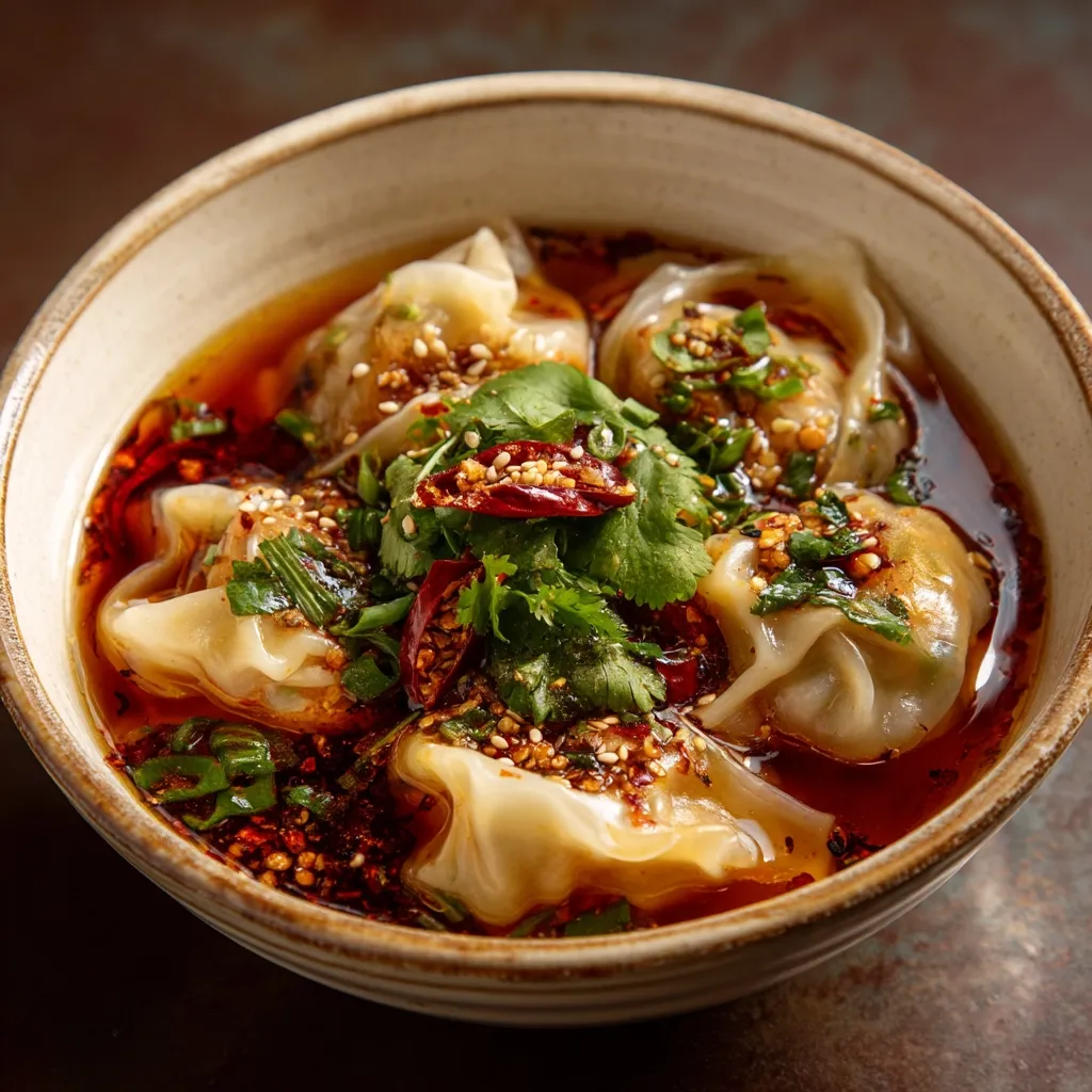 A bowl of wontons in a spicy, chili-oil broth.  The dumplings are plump and light in color, topped with fresh cilantro, chili flakes, and sesame seeds. The rich, dark red broth suggests a flavorful and aromatic dish.  The presentation is elegant and appealing, highlighting the vibrant colors and textures of the food.