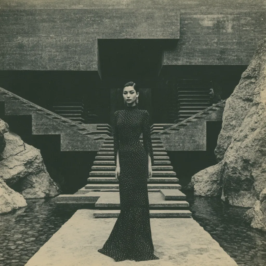 A woman in a dark, patterned floor-length gown stands serenely on a stone pathway.  She is positioned between two imposing, geometric concrete staircases leading to a modernist structure.  The monochromatic image evokes a sense of mystery and timeless elegance, contrasted by the stark architecture and surrounding water features.  The overall mood is somber and sophisticated.