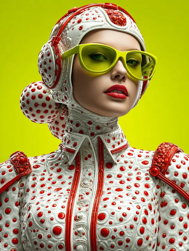 A futuristic female figure, adorned in a white and red polka-dotted suit with a matching helmet and bright yellow sunglasses, is presented against a vibrant lime green backdrop.  The intricate detailing of the outfit suggests a technologically advanced or space-age aesthetic. The model's pose is confident and striking, creating a visually captivating image.