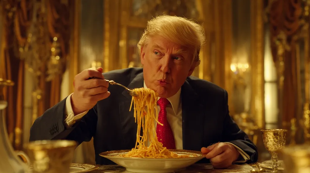 Donald Trump, wearing a dark suit and red tie, sits at a lavishly set table in a gold-toned room.  He is intently eating a large portion of spaghetti, twirling a forkful towards his mouth.  The opulent setting contrasts with the simple act of eating, creating a visually striking image.