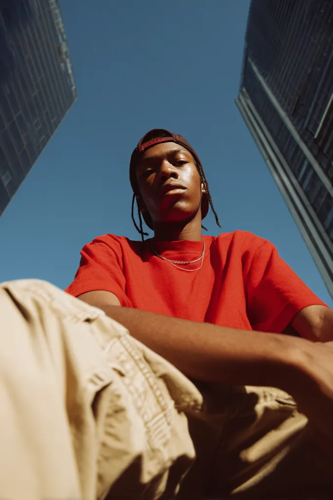 A young man with dark skin sits, wearing a red t-shirt, beige cargo pants, and a maroon baseball cap.  He looks directly at the camera, his expression serious.  Tall buildings loom in the background, creating a dramatic urban setting under a bright blue sky. The low angle shot emphasizes his imposing presence against the city backdrop.