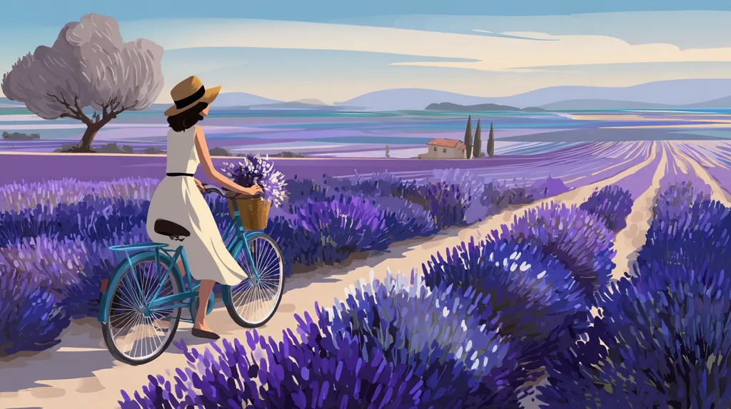 A woman in a straw hat and white dress leisurely cycles through a vibrant lavender field.  Her bicycle carries a basket of lavender.  The idyllic scene features a distant farmhouse and rolling hills under a clear sky, creating a picturesque Provençal landscape. The artistic style is painterly and impressionistic.