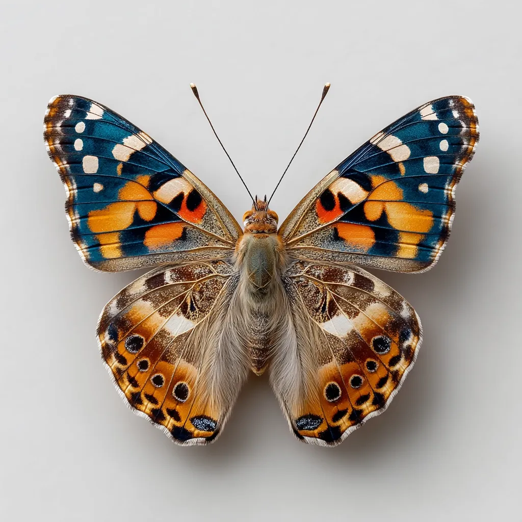 A detailed close-up reveals a painted lady butterfly (Vanessa cardui) against a muted gray backdrop.  Its wings showcase intricate patterns of vibrant orange, black, and blue, accented with white spots. The butterfly's body is fuzzy and brown, contrasting with the vivid colors of its wings.  The image highlights the delicate details and striking coloration of this common butterfly species.