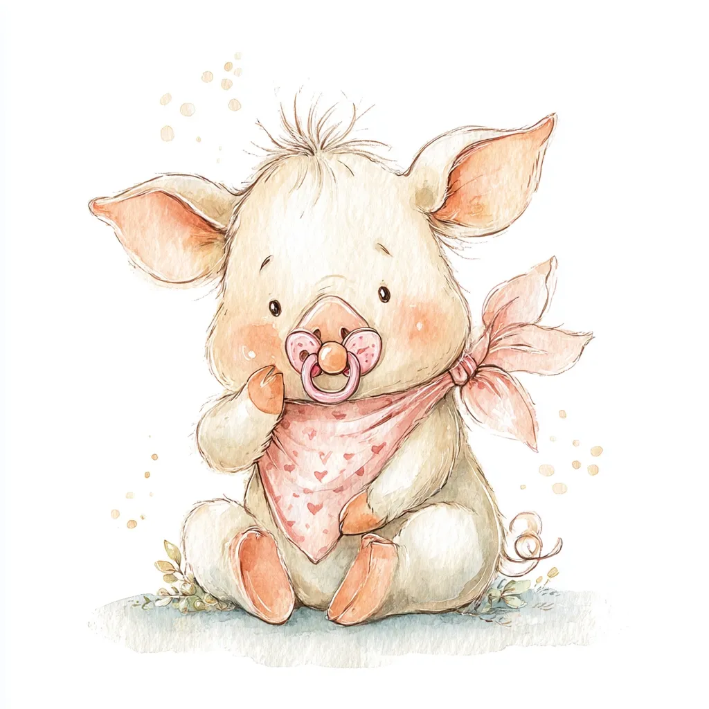 A watercolor illustration of an adorable baby piglet.  The pig is light cream-colored with rosy cheeks and is wearing a pink bandana adorned with tiny hearts. It sits peacefully, clutching a pink pacifier, amidst delicate watercolor foliage. The overall style is sweet and charming, ideal for children's books or illustrations.