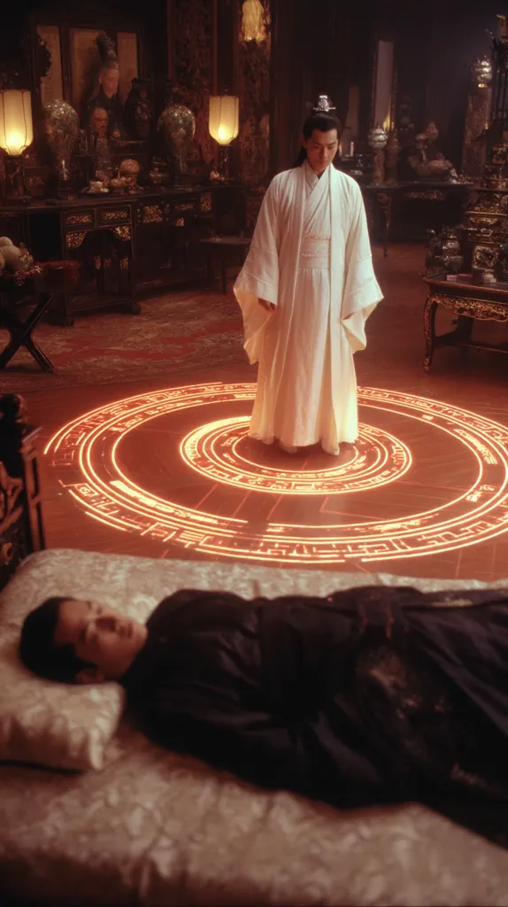 A man in a white robe stands over a glowing circular symbol on the floor of an ornate room.  Another man lies asleep or unconscious on a bed in the foreground.  The setting appears to be a lavish, ancient Chinese-style palace or mansion, with rich furnishings and decor visible in the background. The scene suggests a mystical or ritualistic event.