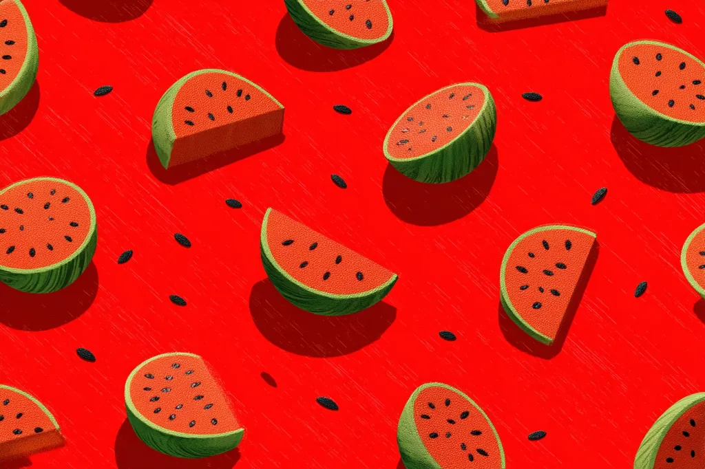 A vibrant red background is adorned with numerous watermelon slices, arranged in a playful, scattered pattern.  The watermelon pieces vary in size and orientation, some showing a full cross-section, others just a wedge.  Scattered watermelon seeds punctuate the scene, adding to the summery feel. The stylized, almost textured appearance of the watermelons gives the image a unique visual appeal.