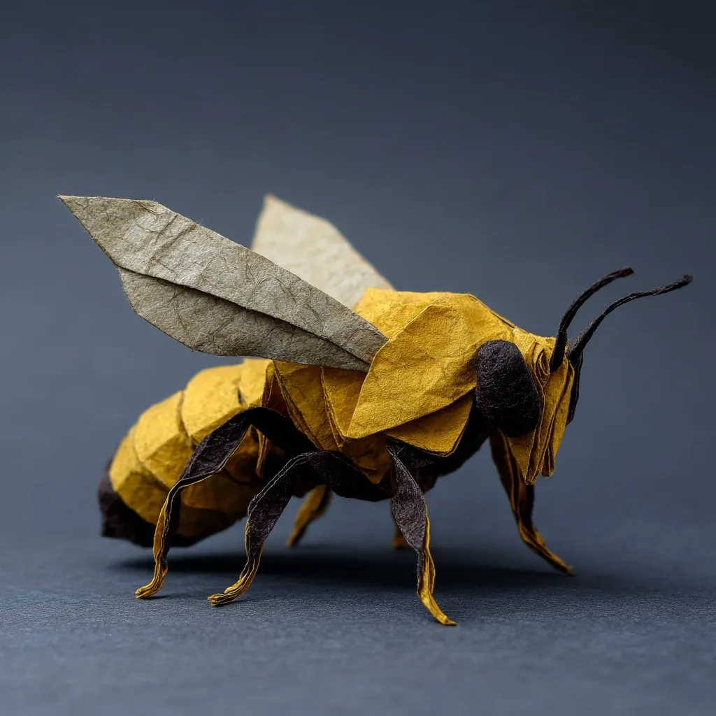 A meticulously crafted origami bee is shown in a close-up shot.  The bee, predominantly yellow and brown, exhibits intricate folds replicating the insect's body and wings. The wings are a lighter, textured paper, contrasting with the darker, segmented body.  The detail is striking, showcasing the artist's skill in paper folding. The bee rests on a dark gray surface, providing a stark background that emphasizes the artwork's complexity.